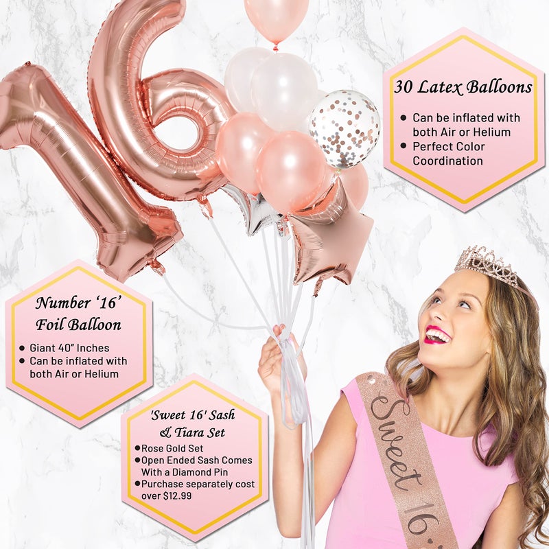 PartyHooman Sweet 16 Birthday Decorations Rose Gold With Sweet 16 Sash and Tiara Set, 2Pcs Backdrop, 25Pcs Pre-assembled Photo Booth Props, Balloons, Cake Topper | 16th birthday decorations for girls - Image 4
